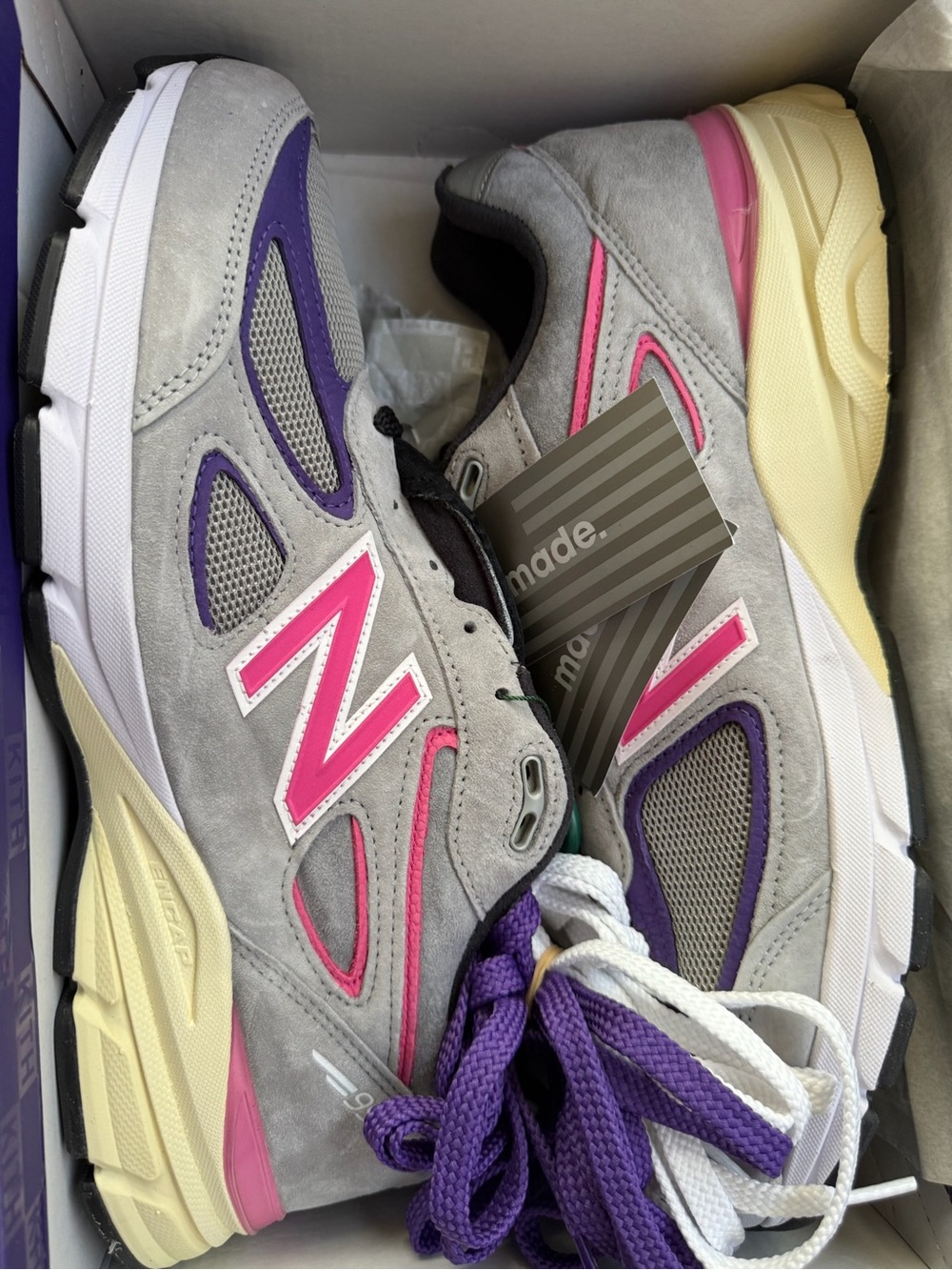 New Balance Men’s Grey Suede Sneakers with Pink & Purple Accents
